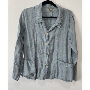 Flax 100% Linen Shacket Shirt Jacket Women's Small Teal Collar Button Up Hippie